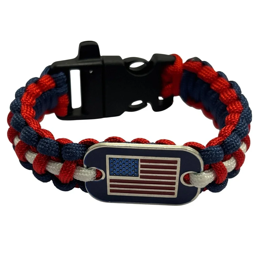 Patriotic American Flag Paracord Survival Bracelet Red White Blue 9.5 Inch